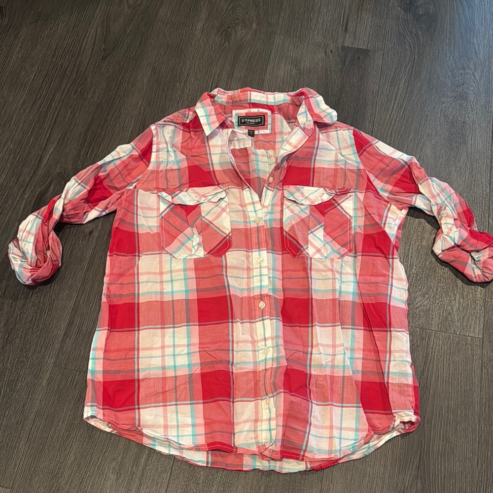 Express Red and White Plaid Button Down Shirt